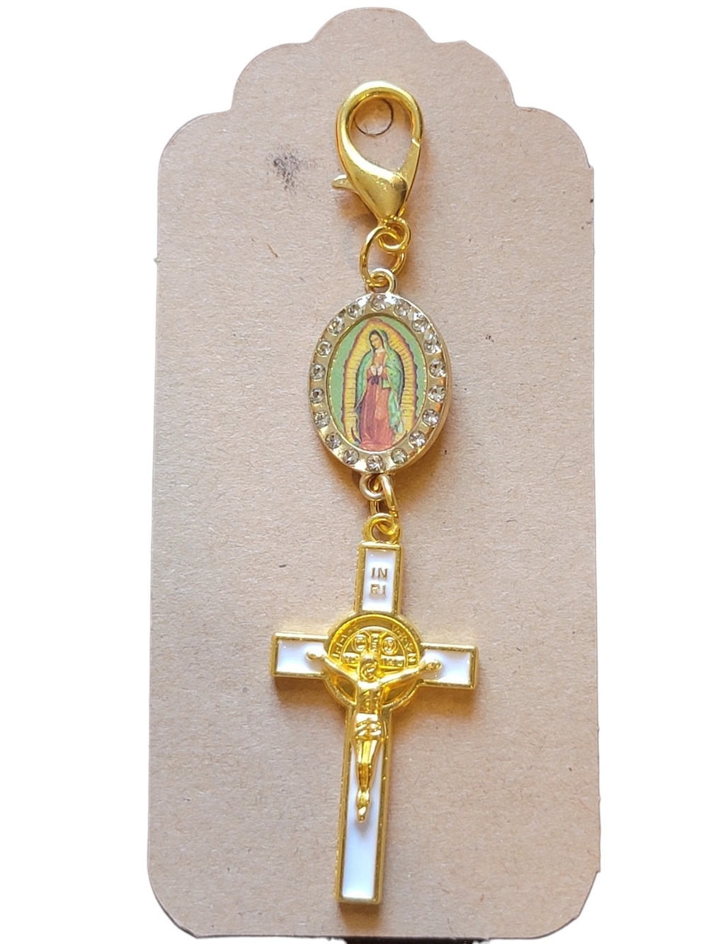 Our Lady of Guadalupe Charm & St Benedict White Crucifix Zipper Pull  Keychain
